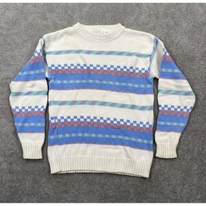 On Track Youth Crew Neck Knit Sweater Size M (10-12) White Blue Striped Rib Cuff